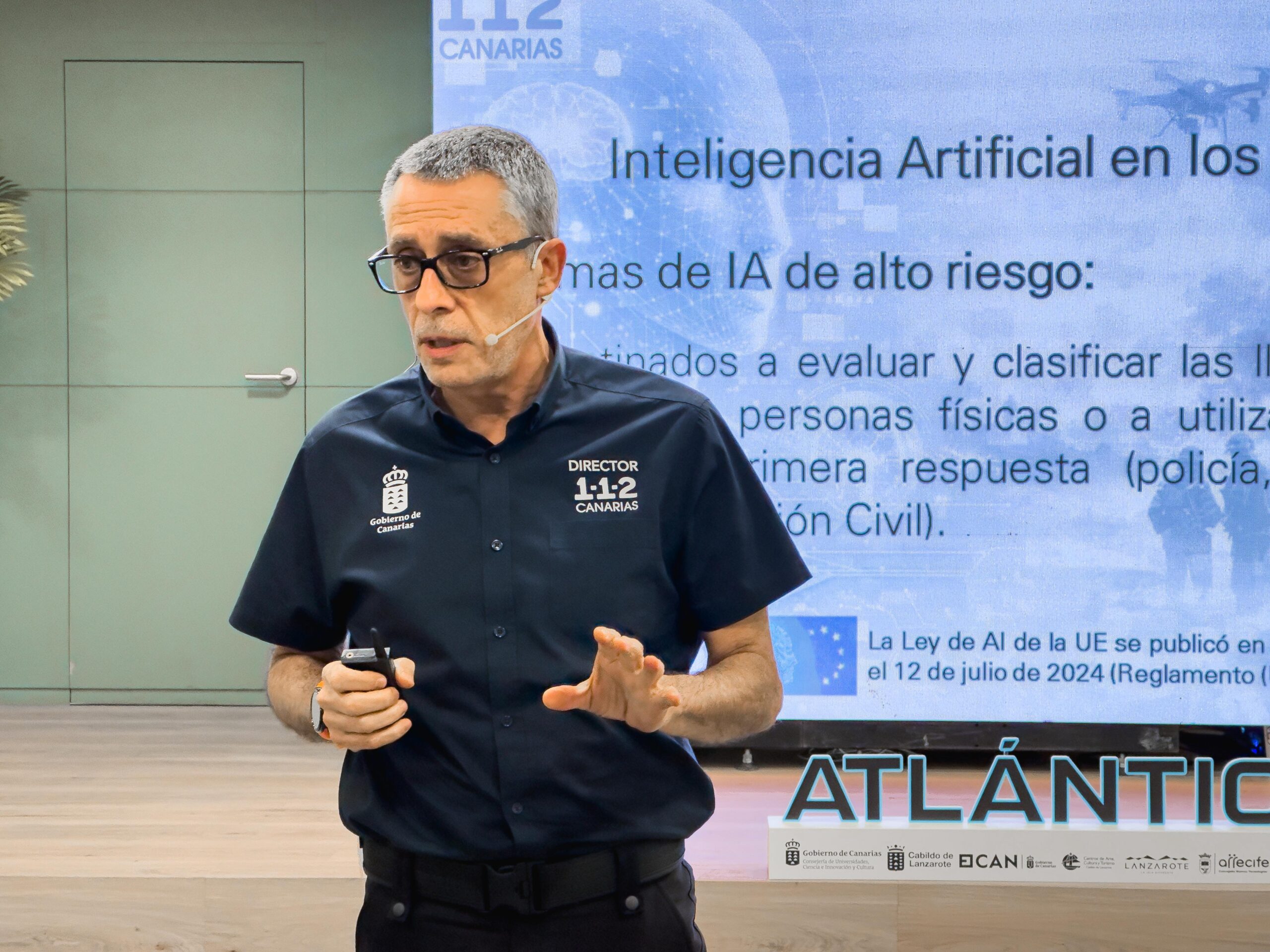 El director del Centro Coordinador de Emergencias y Seguridad (Cecoes) 112 Canarias, Moisés Sánchez, durante el I Congreso de Inteligencia Artificial de Lanzarote Atlantic-IA